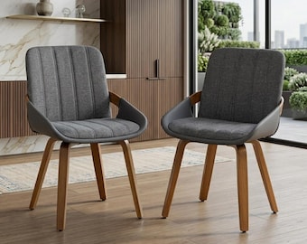 Faux Leather Dining Chair Set - Mid Century Modern Kitchen Seat - Wood Leg Armless Accent - Bamboo Furniture