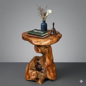 May include: A unique, handcrafted wooden side table with a natural, organic shape. The table features a live edge top and a sculptural base. It is adorned with a small blue vase, a bell, a pen, and two notebooks. The table's warm wood tones create a rustic aesthetic.