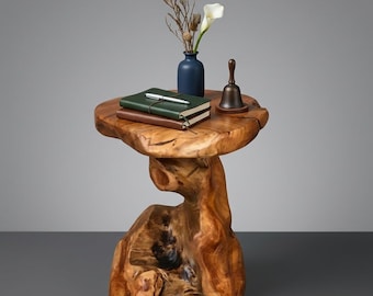 Rustic Cedar Root Flower Stand, 19 Inch Tall Tree Stump Side Table, Handcrafted Natural Wood Pedestal, Farmhouse Stool