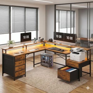 L-Shaped 108" Home Office Desk - 6 Drawer Corner Computer Station with LED Lights, Power Outlet & Monitor Shelf