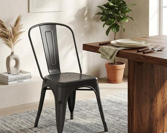 Set of 4 Industrial Metal Dining Chairs, Stackable Bistro Cafe Seating, Indoor-Outdoor