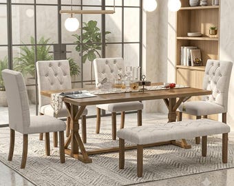 6-Piece Farmhouse Dining Table Set: Rectangular Walnut Wood Table, 4 Upholstered Beige Chairs & Bench, Kitchen Furniture