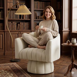 360 Swivel Barrel Chair - Upholstered Accent Armchair - Modern Round Reading Sofa for Bedroom Living Room