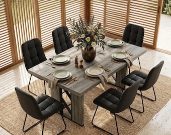 7-Piece Dining Set, 71" Grey Table, 6 Black U-Shaped Chairs, Modern Space-Saving Nook