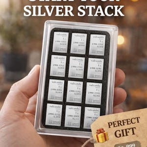 May include: A clear plastic case holding multiple 1g .999 silver bars. The bars are labeled "valcambi suisse 1g 1999 FINE SILVER". The image includes the text "REAL .999 SILVER START YOUR SILVER STACK" and a tag that says "PERFECT GIFT".