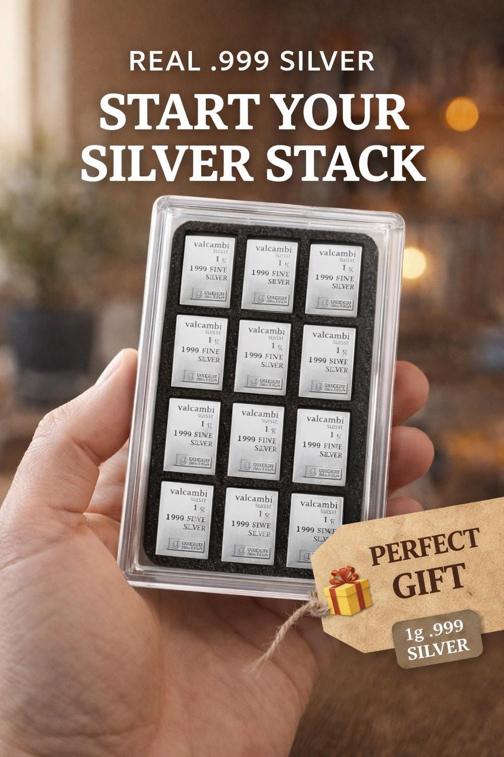Valcambi 1g .999 Fine Silver Bars Set, Fractional Stack Display