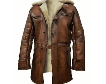 Abrigo largo de piel de oveja marrón vintage para hombre / Hecho a mano