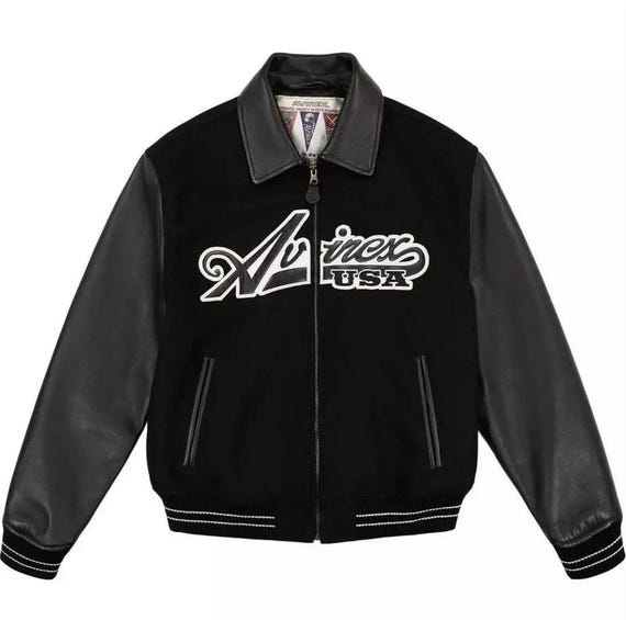 ジャケット・アウター AVIREX Varsity Jacket Leather Black Avirex USA Varsity Jacket: Men's Black Wool & Leather Bomber - Etsy