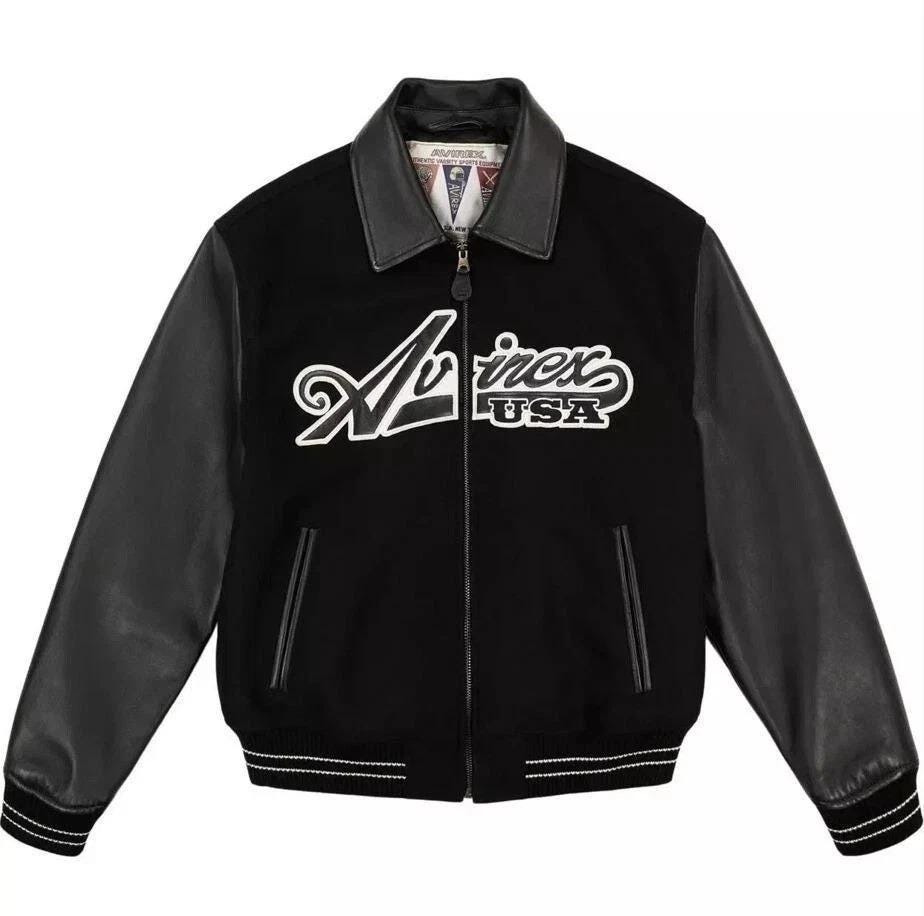 Avirex USA Varsity Jacket: Men's Black Wool & Leather Bomber - Etsy