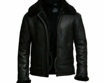 B3 RAF Black Aviator Flying Bomber Men's FUR Shearling Real Leather Jacket Coat