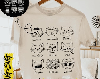 Gatos artísticos inspirados en pintores famosos, arte de gato divertido PNG SVG, regalo para artista o artista SVG, diseño de arte, gráfico estético PNG, artista de arte divertido