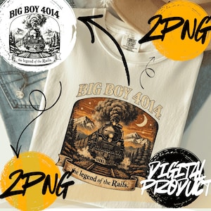 May include: Cream-colored t-shirt featuring a vintage train graphic with the text "BIG BOY 4014" and "the legend of the Rails." The design includes a detailed illustration of a steam train, mountains, and a night sky. The shirt is a digital product.