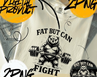 Diseño de camiseta "Gordo pero puede luchar" para gimnasio, entrenamiento cardiovascular y culturismo, oso de gimnasio PNG, levantamiento de pesas divertido PNG, diseño de sublimación de arte fitness vintage