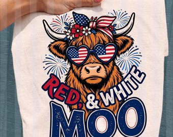PNG rojo, blanco y mugido, vaca de las Tierras Altas 4 de julio 250 años patriótico PNG, diseño de sublimación de vaca patriótica, imágenes prediseñadas del 4 de julio PNG