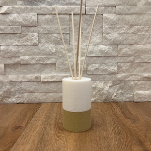 Può includere: Un diffusore per aromaterapia cilindrico con la parte superiore bianca e la base verde chiaro. Diverse bacchette di legno colorate sono inserite nella parte superiore. Il diffusore è su una superficie di legno contro un muro di pietra strutturato.
