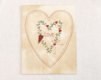 Vintage Heart Embroidery, Hand Stitched, Antiqued Panel, Fabric Wall Art, Grannycore 8.5" x 11" One of a Kind