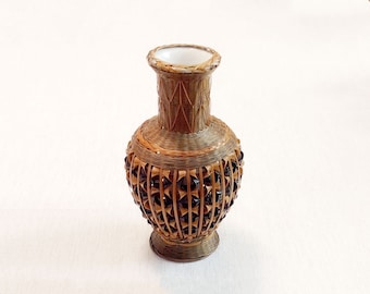 Vintage Vase Woven Basket Twisted Reed Design, for Real or Dried Flowers, Milk Glass Vase
