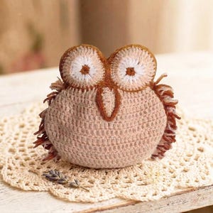 May include: A round, crocheted owl figure in shades of beige and brown. The owl features two large, circular eyes with white centers and dark brown outlines, a central brown beak, and textured, fringed wings in mixed brown and beige yarn tones.