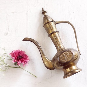 Small Vintage Etched Brass Dallah Ewer – Decorative Pitcher - Made in India