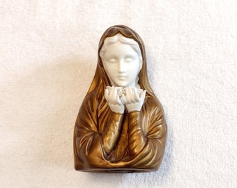 Madonna Statue Mary with Roses Ceramic 70s Religious Figurine