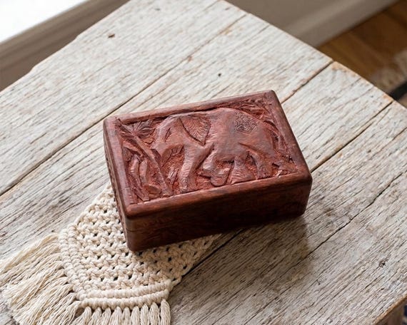 Vintage Wooden Trinket Box - Hand-Carved - Elephant & Floral Relief