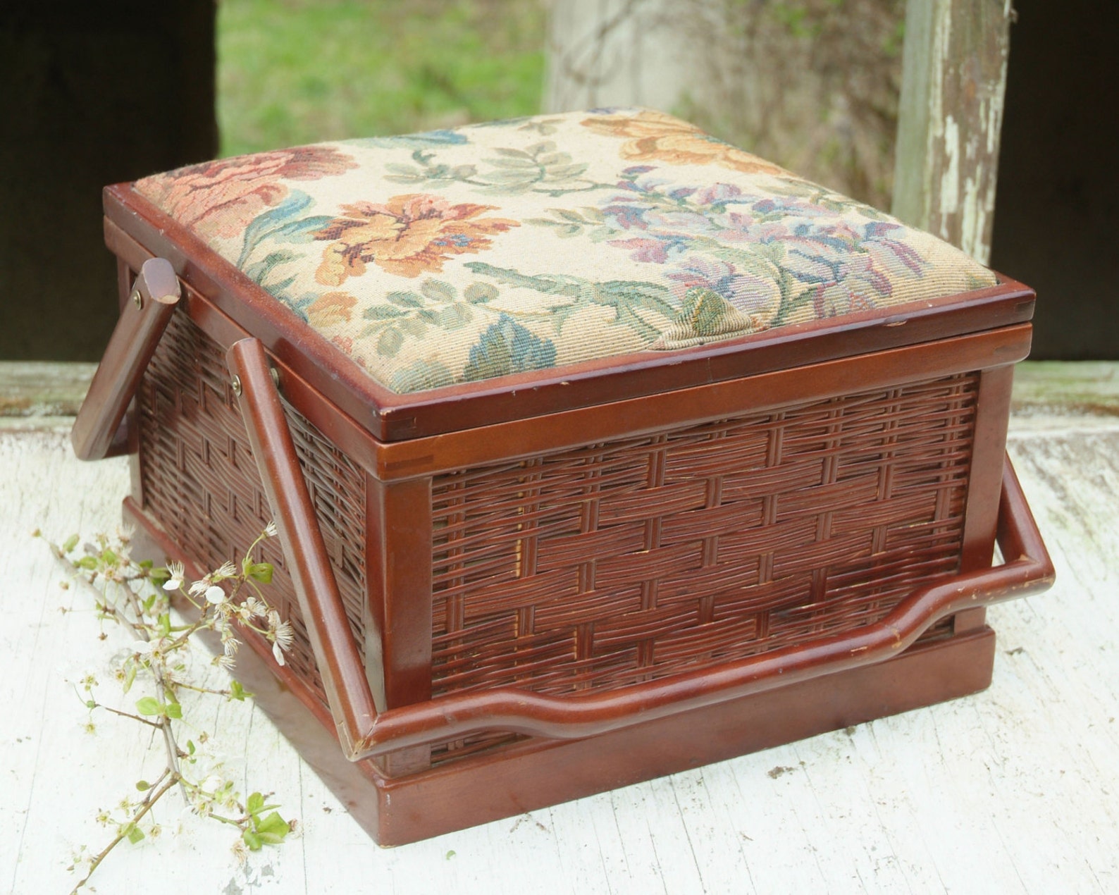 Vintage Wood Sewing Basket Handles Wicker Basket with Lid Etsy