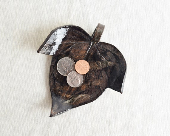 Ceramic Leaf Trinket Dish, Brown Glazed Clay Ring… - image 5