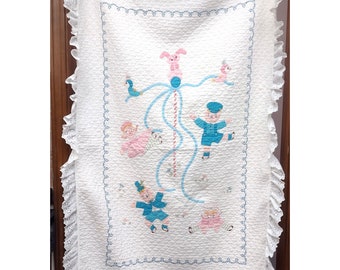Vintage Crib Quilt, Appliqué and Embroidery Very Cute Baby Kid's Blanket Ruffled Border Pink and Blue May Pole Design