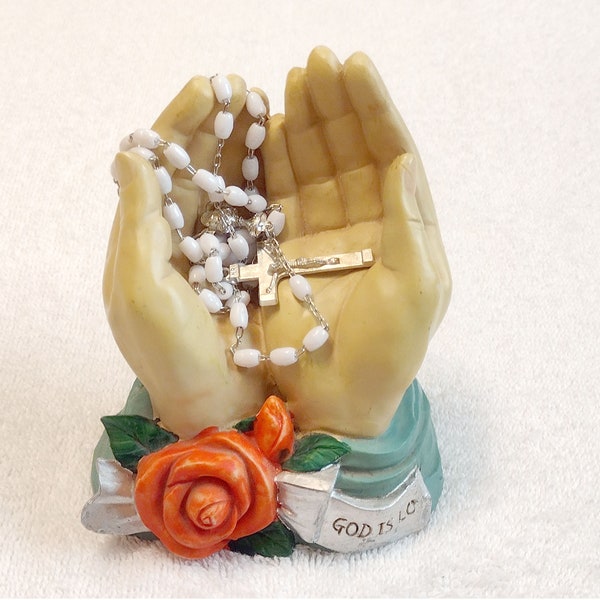 Open Hands, Praying Hands, Resin Cupped Hands, Religious Statue with Rose, Trinket Dish, Figurine, God is Love