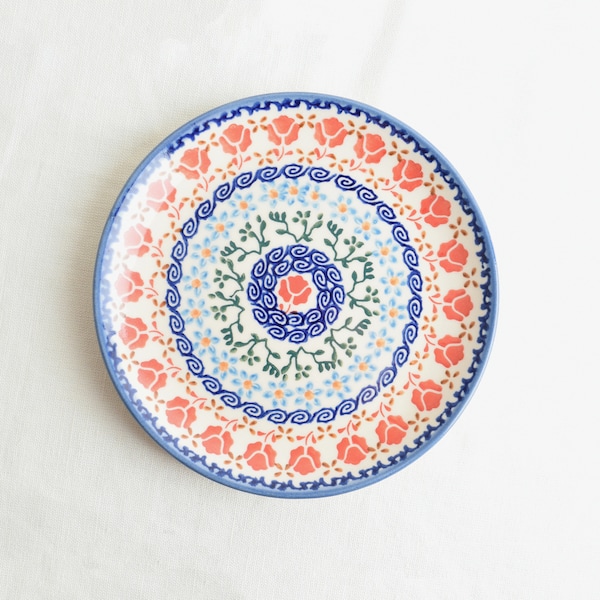 Hand Painted Ceramic Plate, Dessert Plate, Blue Red Floral Design, 7.5" Dia, Unikat, Antika Firenze