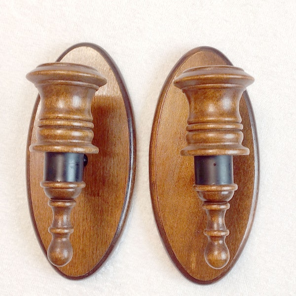 Set of 2 Vintage Wood Wall Sconce, Wood and Black Metal, Oval Back, Candle Holder, 70s Decor