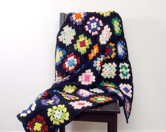 Vintage Granny Square Afghan Throw, Lap Blanket, Black Background 38" x 42"