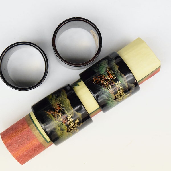 Set of 4 Vintage Napkin Rings, Hand Painted Black Lacquered, Flying Horse