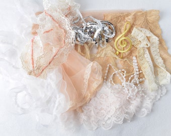 Creative Bundle, Inspiration Kit, Salvaged Lace, Slow Stitch, Lingerie Lace and Trim, Beige, White & Pink