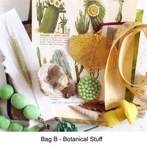 May include: A collection of botanical items including a gold leaf pendant, a geode, a green beaded necklace, and a green decorative sphere. The image also features a vintage botanical print and a yellow ribbon. The text "Bag B - Botanical Stuff" is at the bottom.