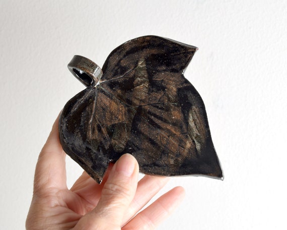 Ceramic Leaf Trinket Dish, Brown Glazed Clay Ring… - image 1