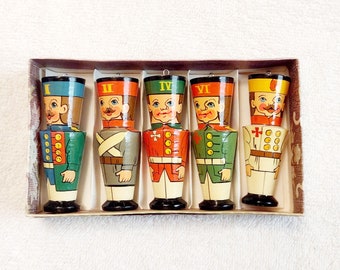 5 Vintage Wood Soldier Ornaments Hand Painted Russian Guards