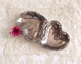 Vintage Silverplate Double Heart Grape & Vine Trinket Dish