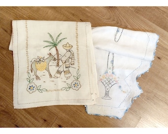 Lot of 2 Vintage Table Runners Hand Embroidery Dresser Scarf
