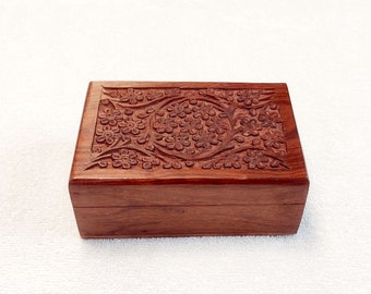 Carved Wood Box with Hinged Lid Floral Design