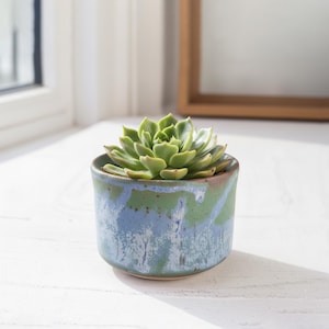 May include: A small succulent plant in a ceramic pot. The pot is cylindrical with a blue and green glaze. The succulent has tightly packed green leaves. The pot is sitting on a white surface near a window.