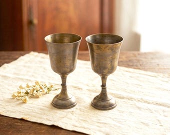 Vintage Goblets - Tarnished Silver Coated Brass - Set of 2