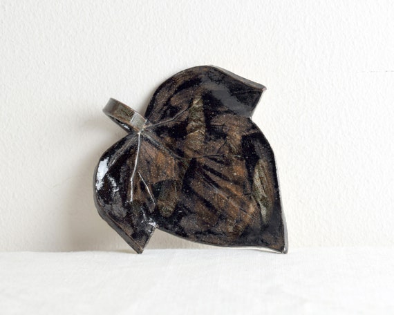 Ceramic Leaf Trinket Dish, Brown Glazed Clay Ring… - image 3