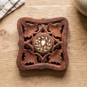 Hand Carved Wood Trivet with Shell Inlay 5" x 5"  - Leaf Design