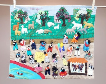 Handmade Appliqué Art Made in Peru, Arpillera, Zoo Scene 3D Fiber Art, 19" x 20" Folk Art, Zoologico