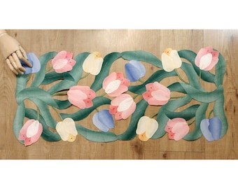 Colorful Table Runner Big Flowers Dresser Scarf with Tulip Cut Outs Orem Corp 1996, 36" long