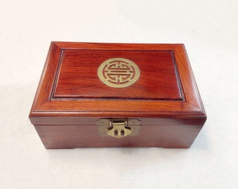 Vintage Wood Box Jewelry Box with Satin Lining and Brass Hardware Double Happiness