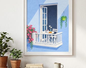 Grafika z balkonem Santorini, Kawa i croissant, Sztuka nadmorska (pobranie cyfrowe)