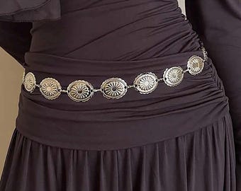 Boho Silver Coin Waist Belt | Western Concho Chain Belt | Festival Body Jewelry | Adjustable Bohemian Hip Belt for Dresses & Skirts