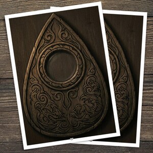 May include: Two wooden planchette boards with detailed carvings. The teardrop-shaped boards feature a central circular opening and dragon and floral designs. The wood has a dark brown finish, and the boards are set against a wooden background.